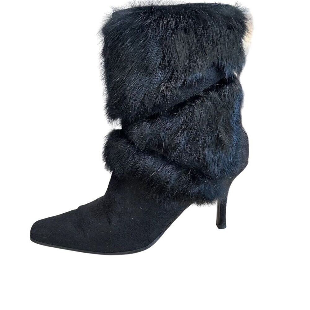 Pierre Dumas Women's Black Stiletto Heel Boots Size 9M Faux Fur Trim - Picture 9 of 9